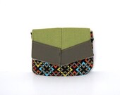 travel clutch // bright and brown geometric corduroy - lime green waffle weave cotton // cosmetics bag with mirror - makeup bag