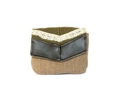 travel clutch // tan herringbone wool - avocado green canvas - vintage lace // make up bag with mirror