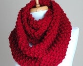 Infinity Scarf Cranberry Red Hand Knit Chunky Textured Pattern