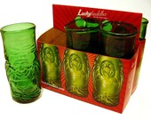 Six Pack Set of Recycled Lucky Buddha Beer Bottle Drinking Glass Cups