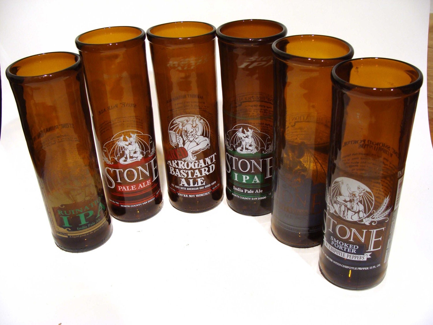 Six Pack Set of Recycled Stone Beer Bottle Drinking Glass Cups / Mixed Set of Six