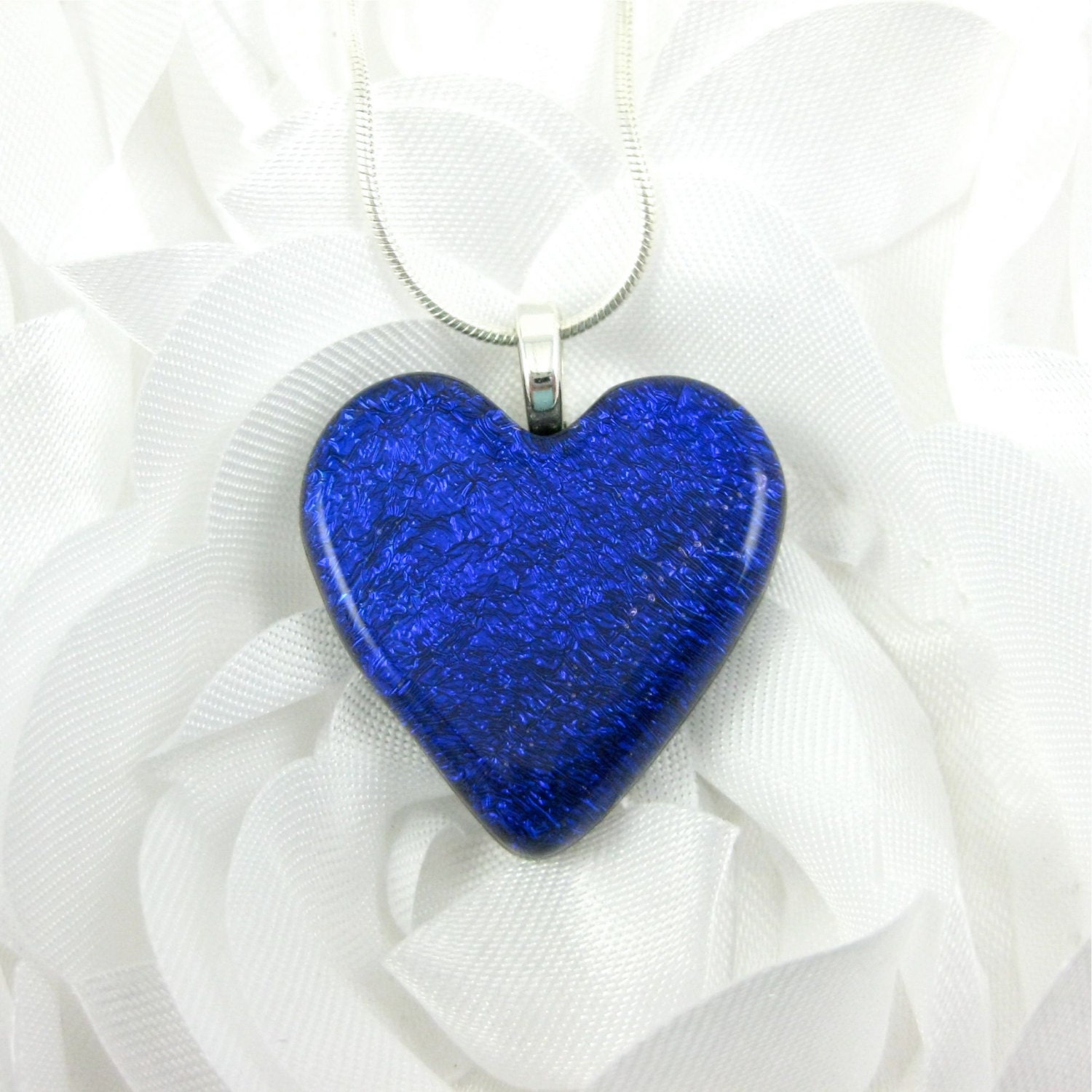 Small Blue Dichroic Glass Heart Necklace Fused Glass Jewelry