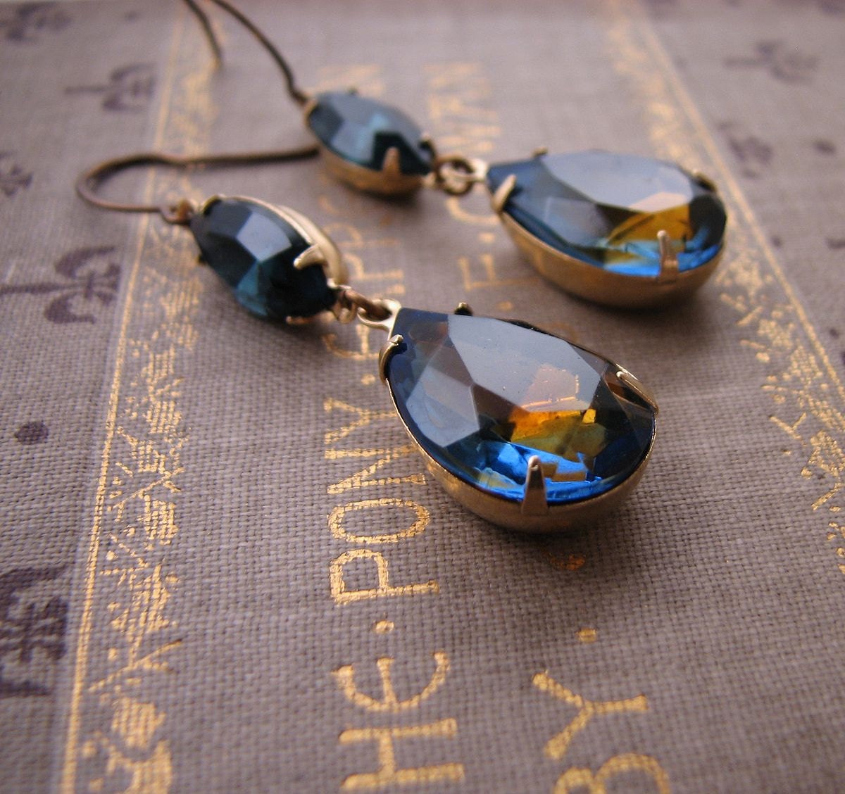 DARK NIGHT  sapphire drop earrings vintage blue and topaz rhinestones