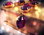 Garnet birthstone earrings  long drop  with vintage rhinestones