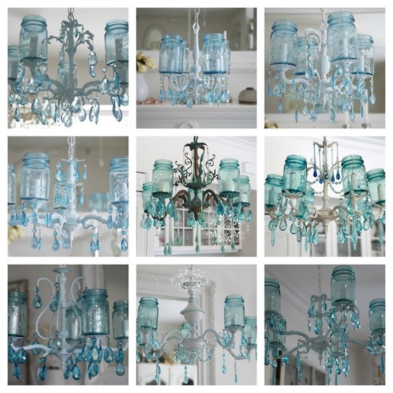 Vintage Mason Jar Chandelier...Aqua Crystals....Made To ORDER...Plethora of Treasuries..LAYAWAY Available