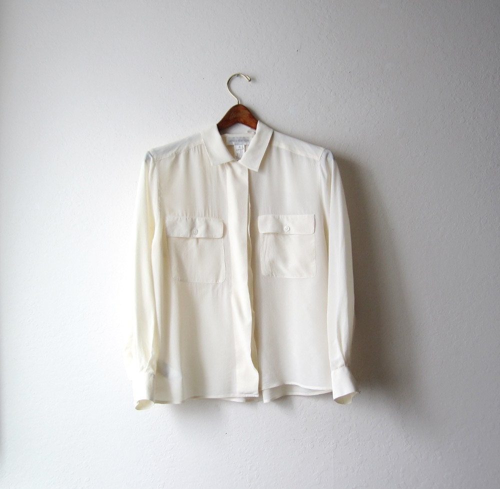 Vintage Sheer Off White Button Down Blouse Size Small to Medium
