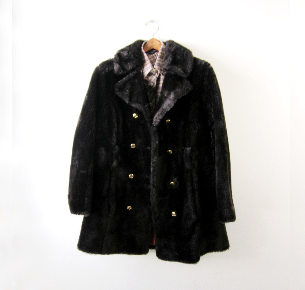 PRICE REDUCED - 1960's Dark Brown Faux Fur Pea Coat with Leather Belt
