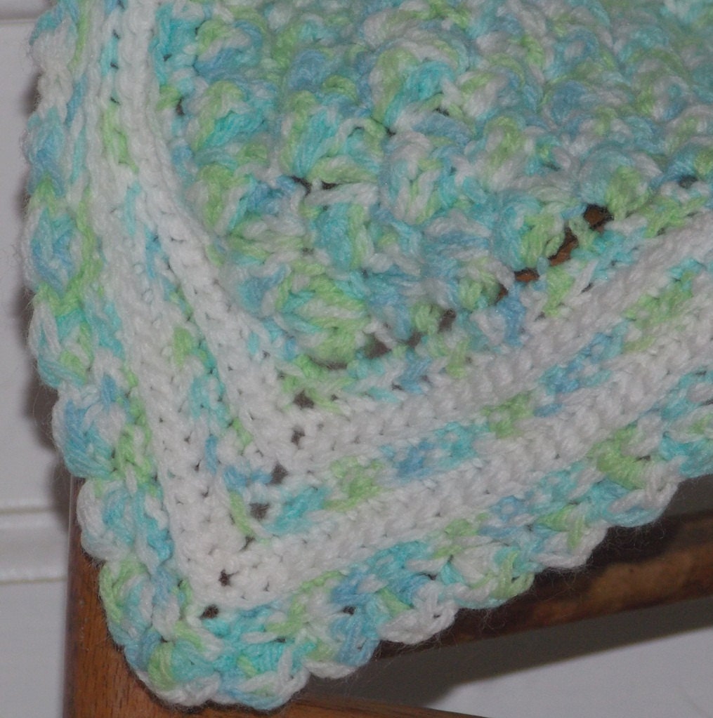 Cozy Baby Blanket ... Hand Crochet ... Travel Sized Afghan ... READY TO SHIP ... lime blue white