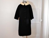 50s coat / Vintage 1950's Black Wool Fur Collar Coat
