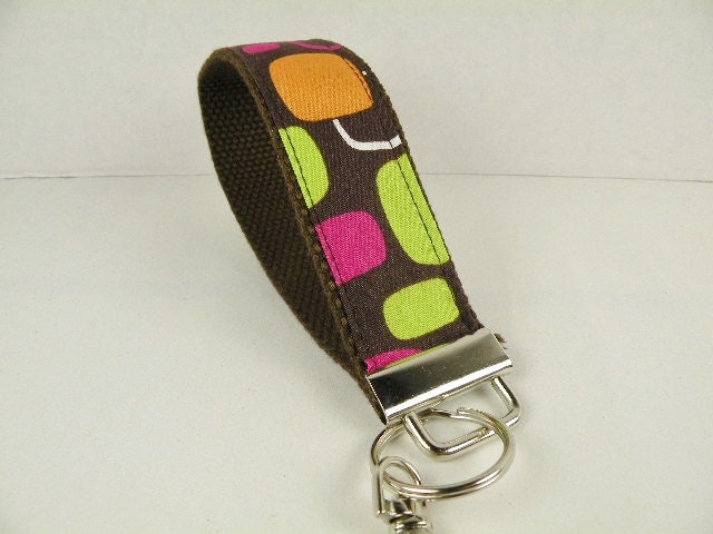 Key Fob Key Chain/Wristlet-with Swivel Hook-MODERN GEOMETRIC in Dark Brown & Neon Colors