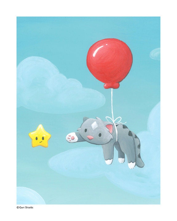 Don't Stop - Cute Flying Cat with Red Balloon and Star 8x10 Print by Geri Shields