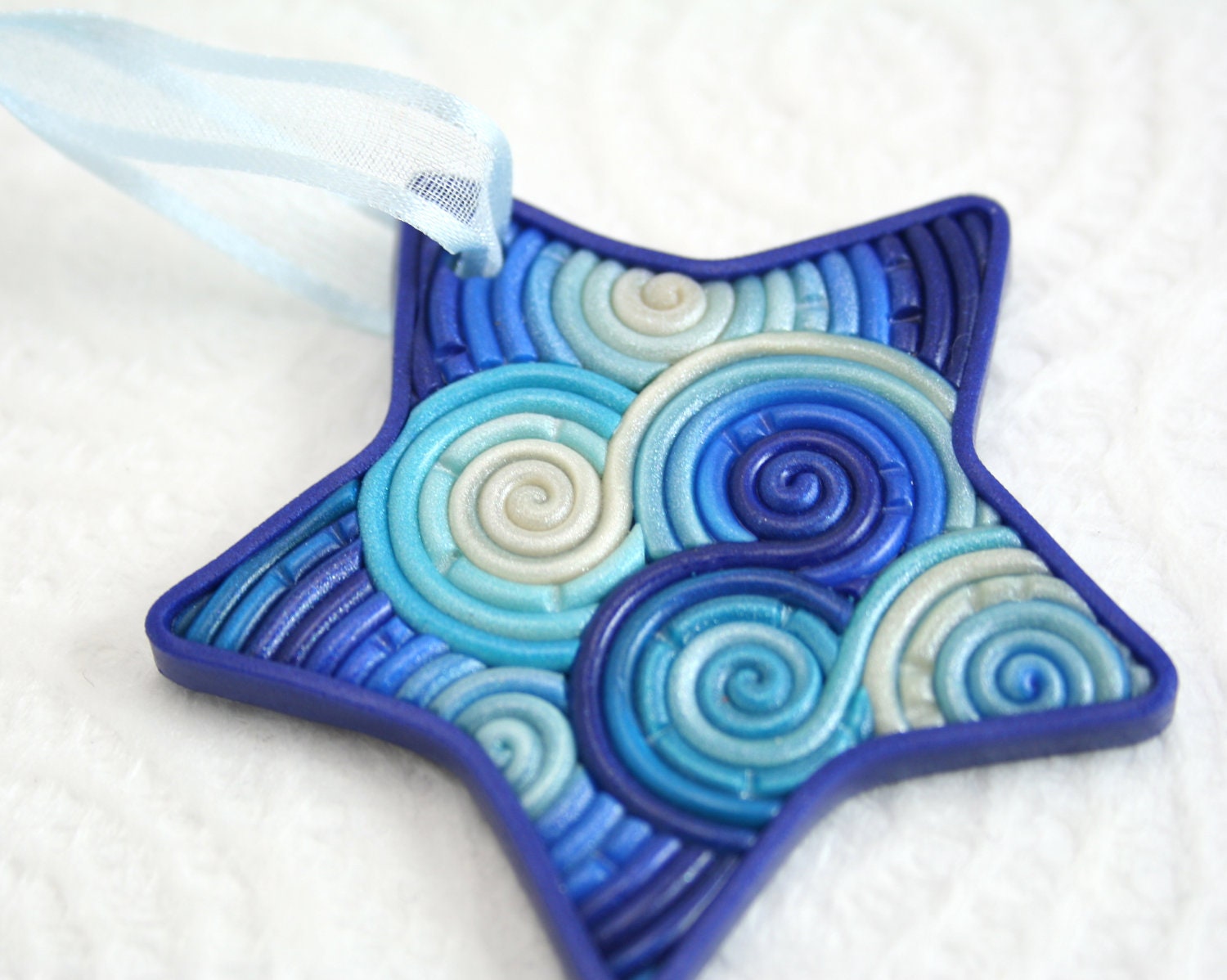 Star Christmas Ornament in Blue, Teal, White Polymer Clay Filigree