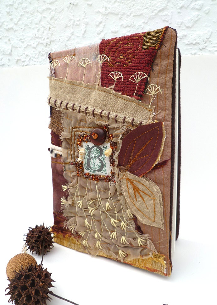 Enchanting fall, unique fiber art collage journal / sketchbook