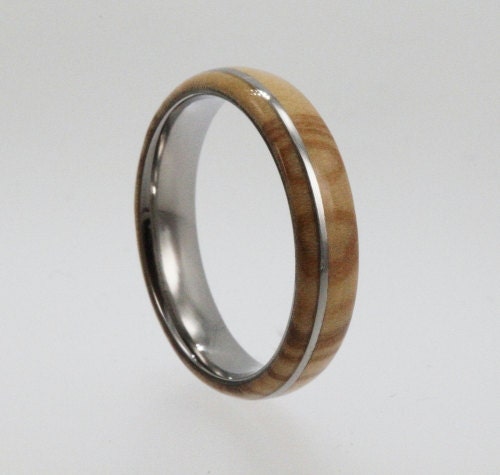 Olive Wood Ring - Highly Figured Inlay with Titanium Pinstripe Band - For Women and  Men