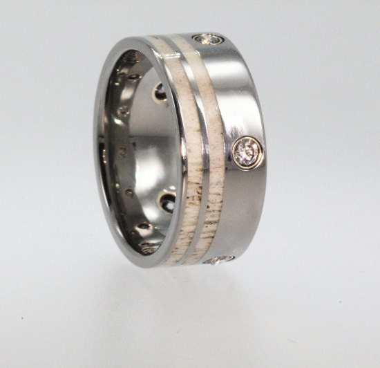 Deer Antler Titanium Wedding Ring set with 5 Diamonds - The stones are flush set in Yellow Gold