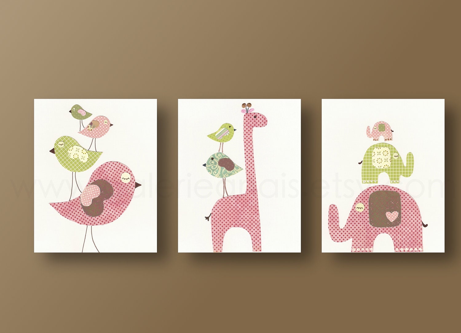 Nursery print, childrens art print, kids room decor, nursery wall art, nurserey elephant, birds, giraffe, Set of 3, 8x10 prints