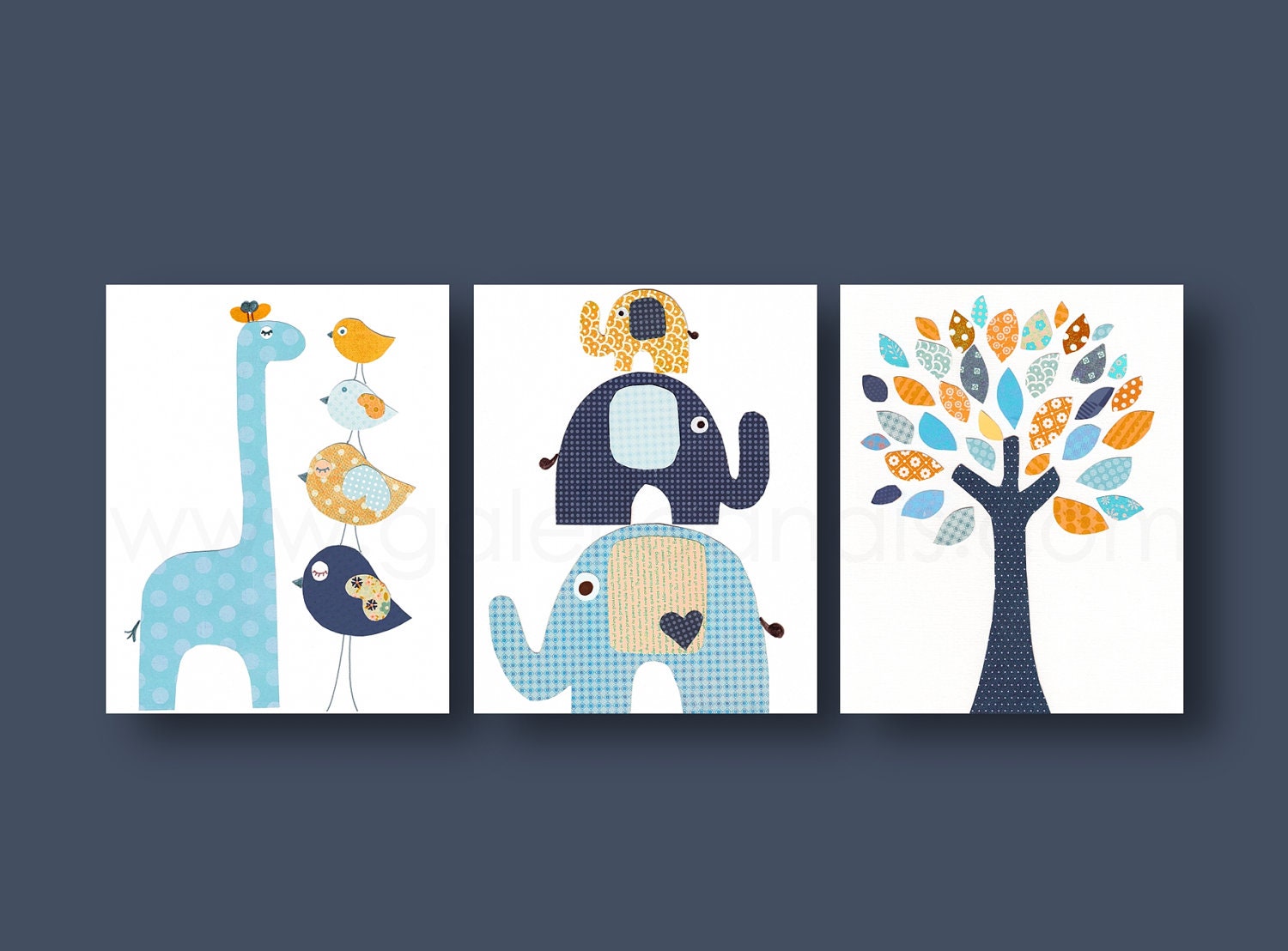 Nursery art prints, baby nursery decor, nursery art, Bird, elephant, tree, giraffe, blue, orange, navy, Set of 3, 8x10 prints from Paris