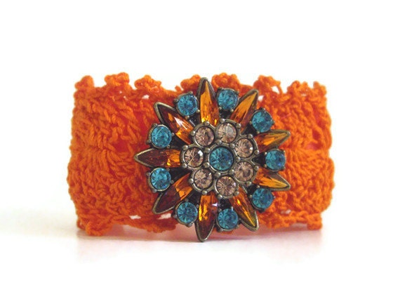 Orange cuff bracelet thread crochet hypoallergenic handmade