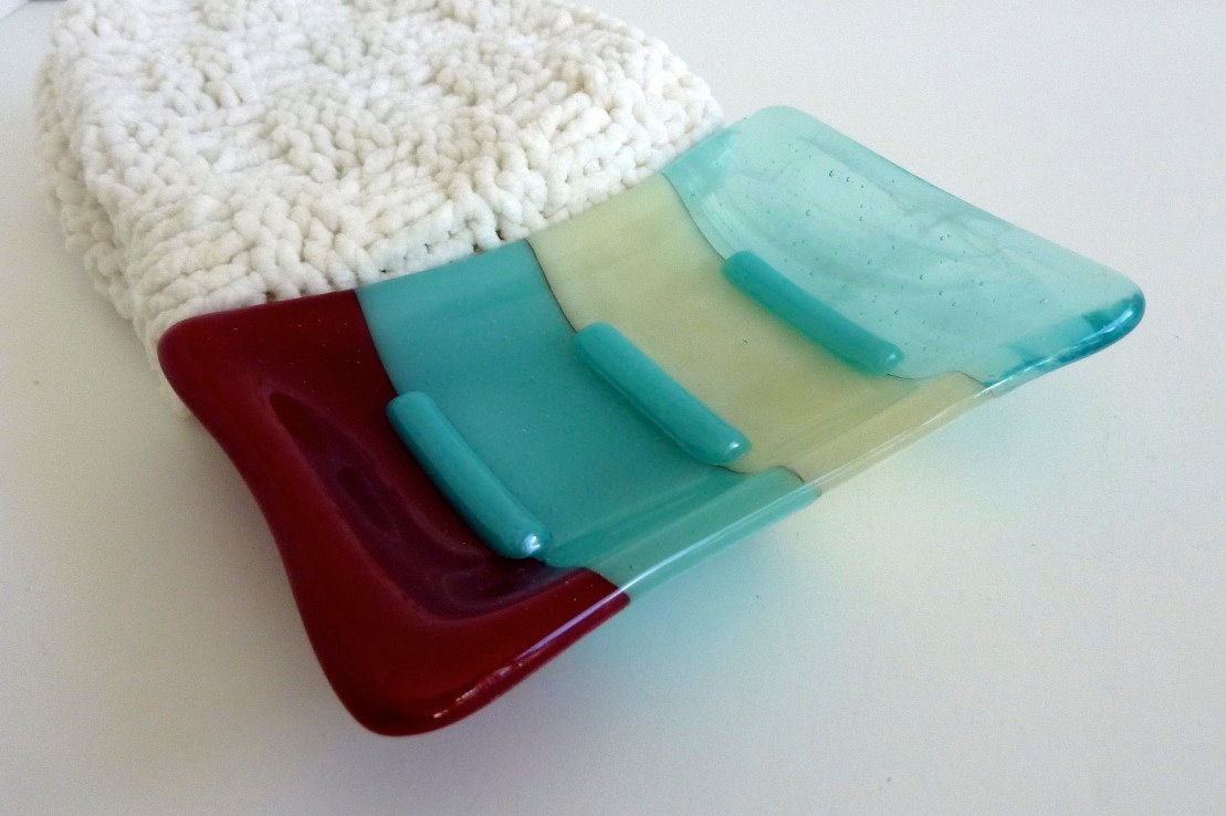 Glass Soap Dish in Turquoise, French Vanilla and Red