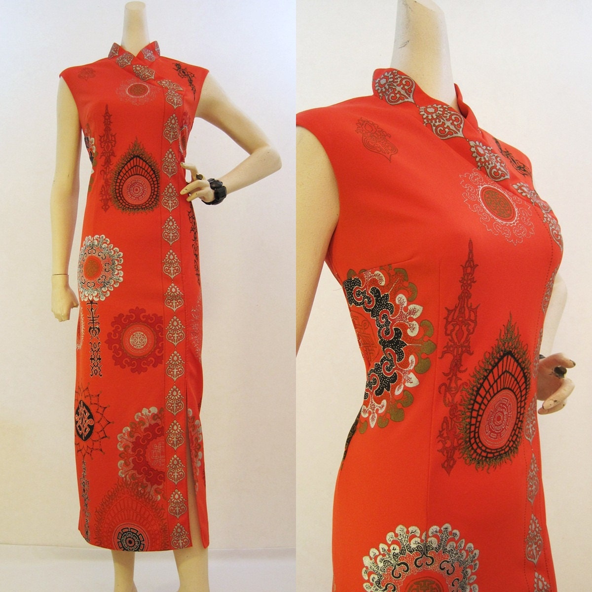 Alfred Shaheen 70s Vintage Red Hawaiian Asian Inspired Long Dress M L