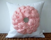 Large Pastel Pink Flower Pillow in White Linen with Gray Button Center by JillianReneDecor Nursery Decor Gift for Her Floral Spring Pastel