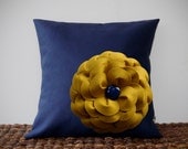 Mustard Yellow Flower Pillow in Navy Blue Linen - 16" DESIGNER PILLOW COVER Retro Button Accent by JillianReneDecor Spring Home Decor