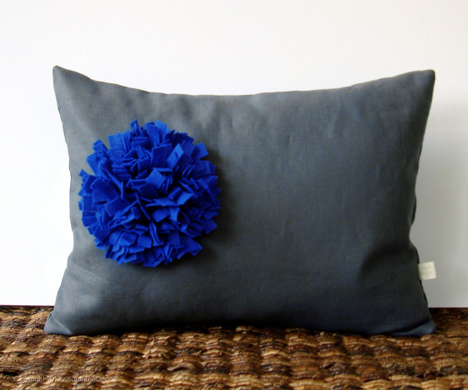 Monaco Blue Felt Flower PILLOW COVER in Gray Linen (12in x 16in) by JillianReneDecor Summer Home Decor Gift for Her - Cobalt Blue Floral