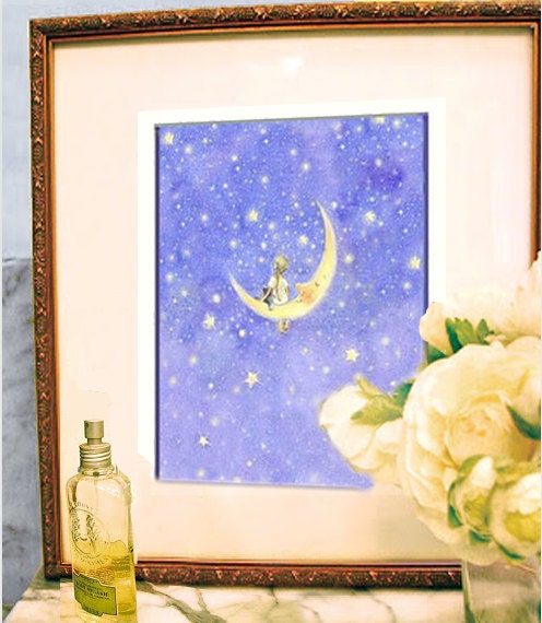 Fairy in a Periwinkle Blue Sky Print, Fairy Art, Fairy on the Moon Print, Large vibrant 8 X 10