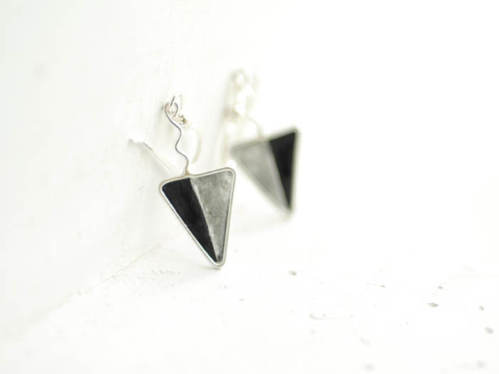 Minimalist Triangle Dangle Drop Earrings in Black Gray, Geometric Colorblock Sterling Silver Eco Friendly Paper Jewelry....