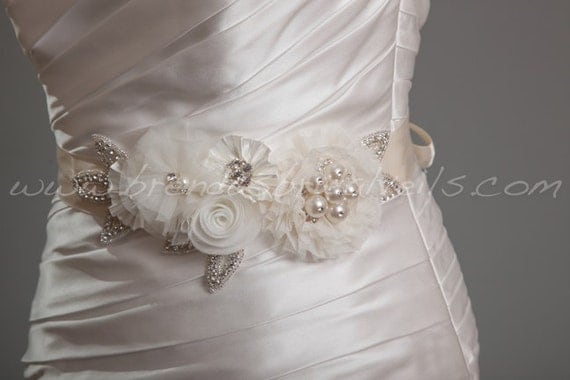 Ivory and Cream Bridal Sash, Wedding Belt, Rhinestone and Pearl Flower Sash - Dove