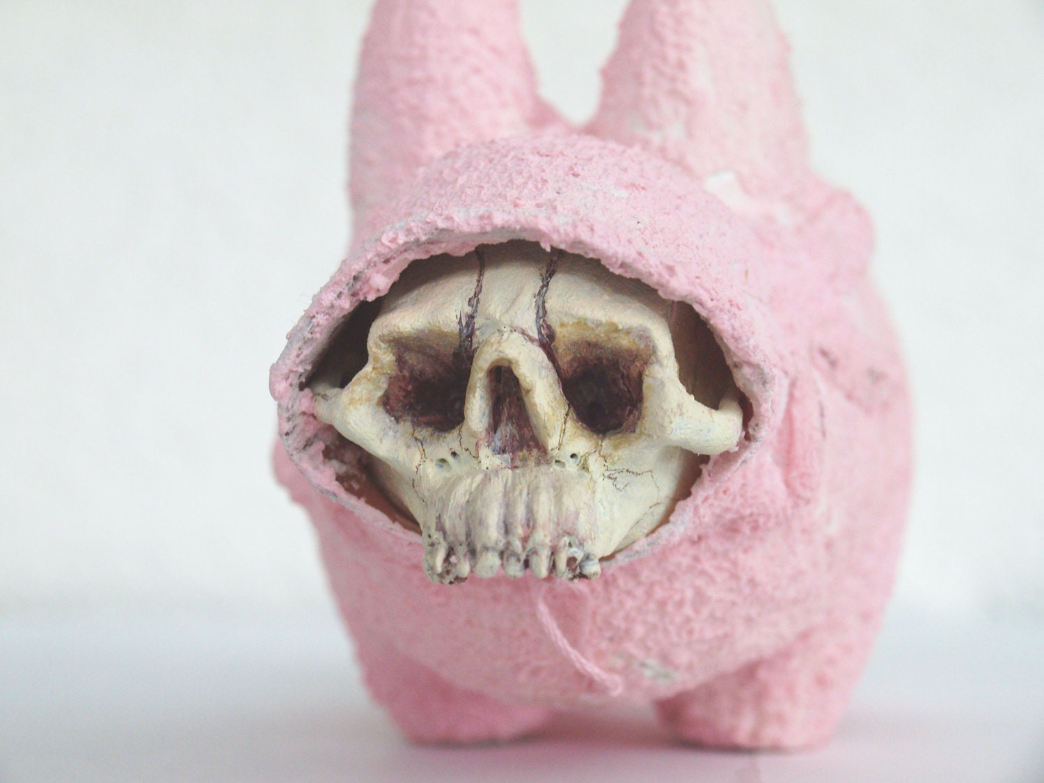 Death Bunneh - Hoodie Skull Bunny Labbit Sculpture, Mixed Media, OOAK