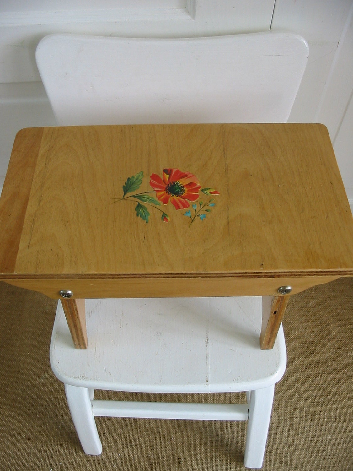 Vintage Stool Bench Wood Ottoman Flower Decal Cottage Shabby Chic