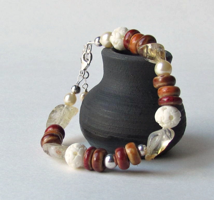 Citrine and Carved Bone Bracelet - November Birthstone - Rustic Fall Fashion