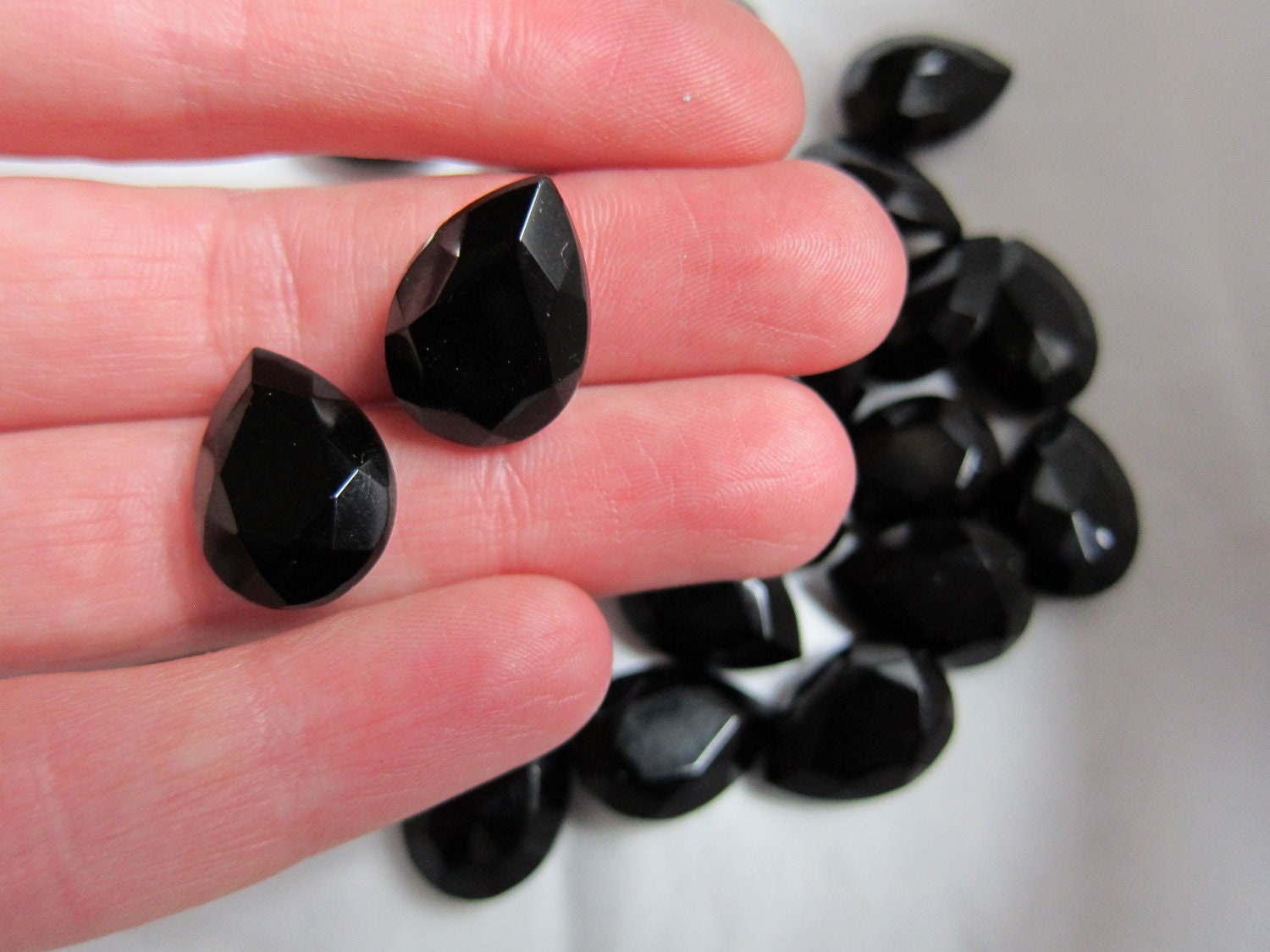 DESTASH- Jet Black Opaque 18X13mm Pear Glass Jewels, unfoiled gems, 4 stones
