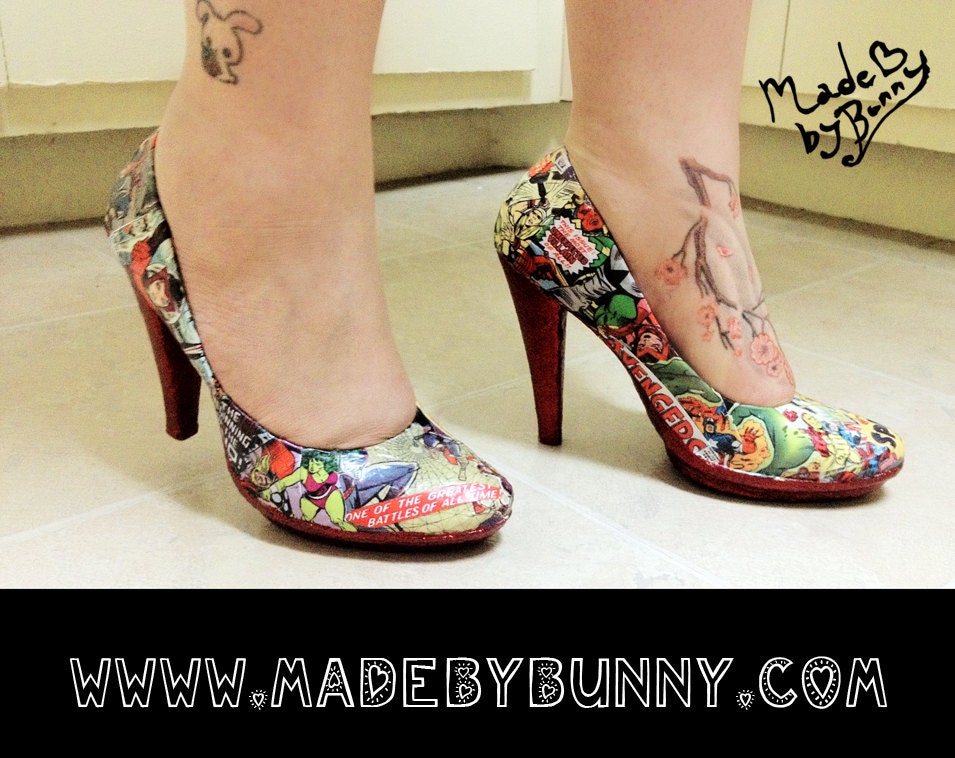 Custom Vintage Comic Book Avengers Marvel High Heel Shoes Made to Order Handmade Pumps Red Glitter Soles