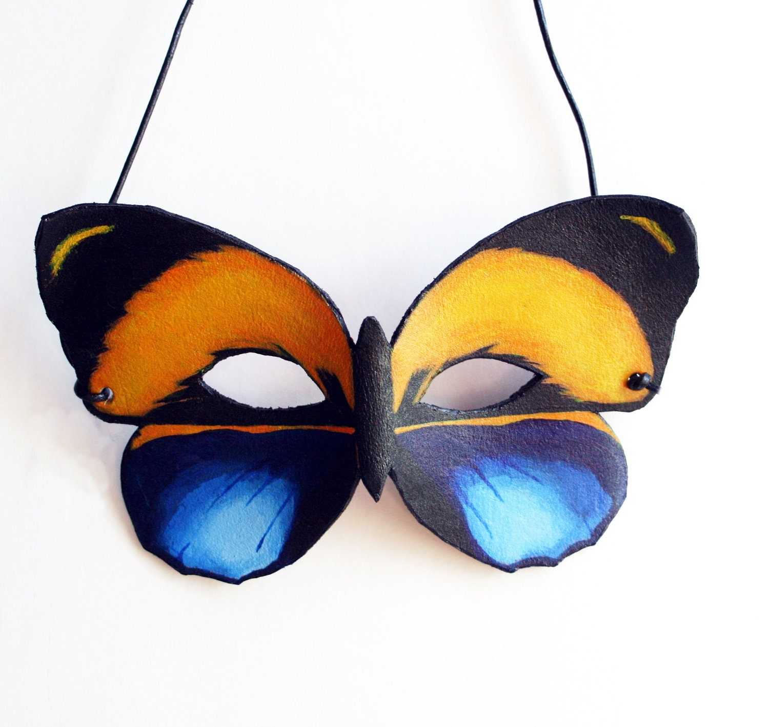 Leather Butterfly Mask-Blue and Orange Costume Fairy Woodlands Masquerade Halloween-Adult Size