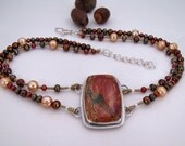 Sterling Silver Cherry Creek Jasper Necklace. Stone Pearl Statement Necklace. Brick Red Mossy Green