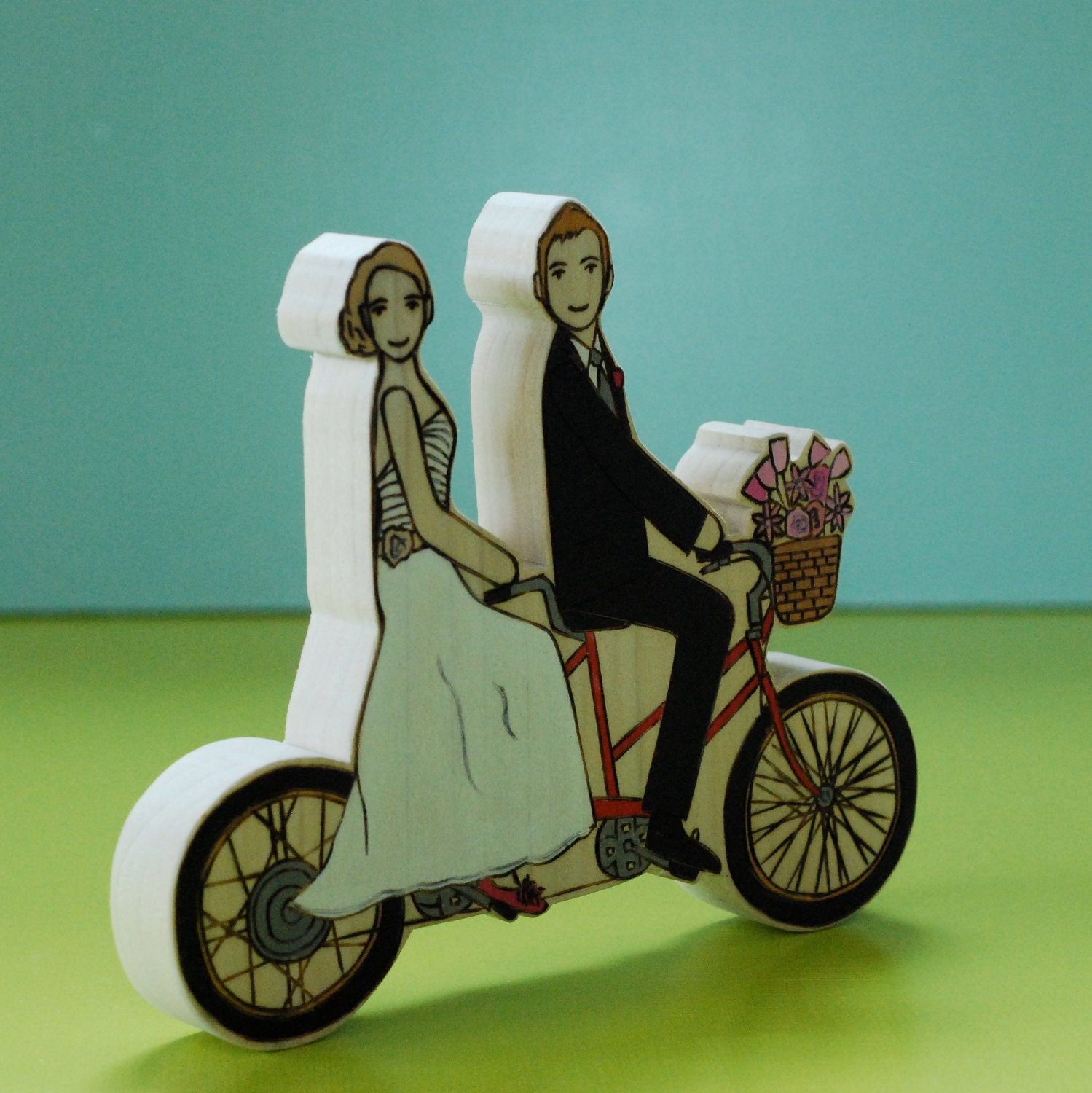 Custom Wedding Cake Topper Couple on Double Bike with Basket of Flowers