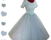 Dress Vintage 50s Blue TULLE Cupcake Lace PROM Party Dress Gown XS Full Skirt Bridal Floral
