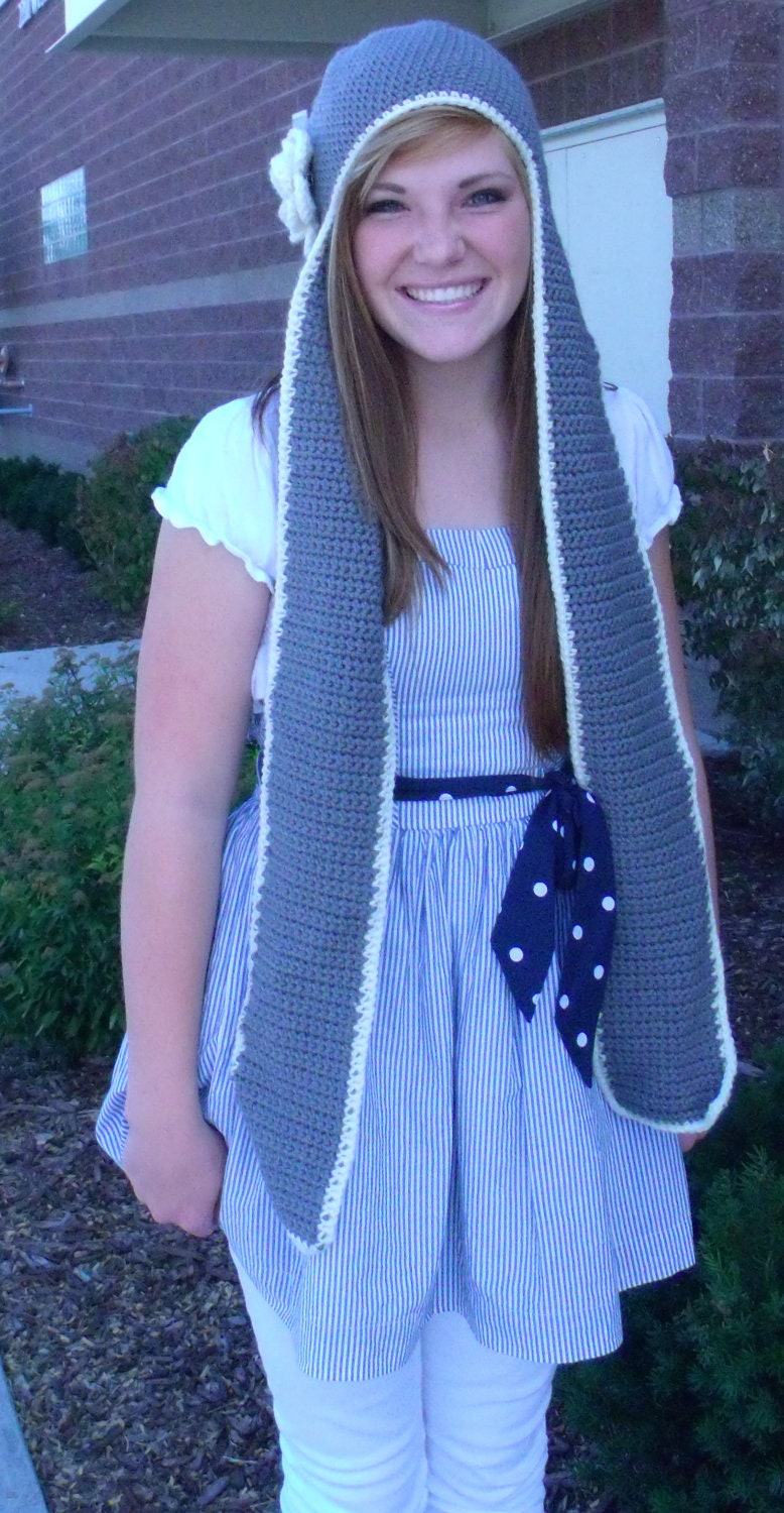 CROCHET PATTERN PDF - Instant Digital Download - Gray Earflap / Scoodie with Detachable Flower - CaN sell items made from the pattern