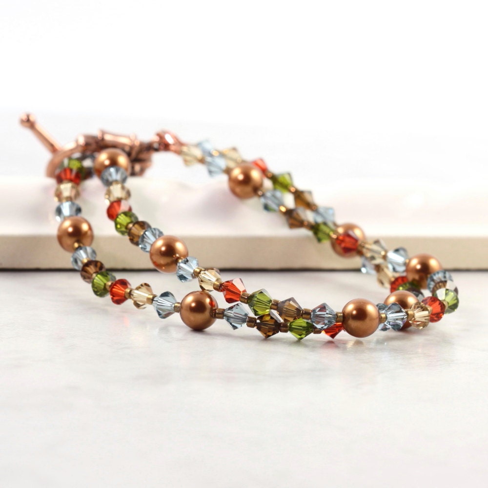 Pearl Bracelet Boho Copper Topaz Blue Olive Deep Red Multi Strand Autumn Rustic Fall Fashion