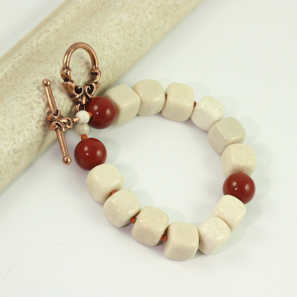 Cream Boho Bracelet Fall Earth Tones Deep Red Jasper Gemstone Rustic Woodland Fashion Beige Jewelry Copper Clasp