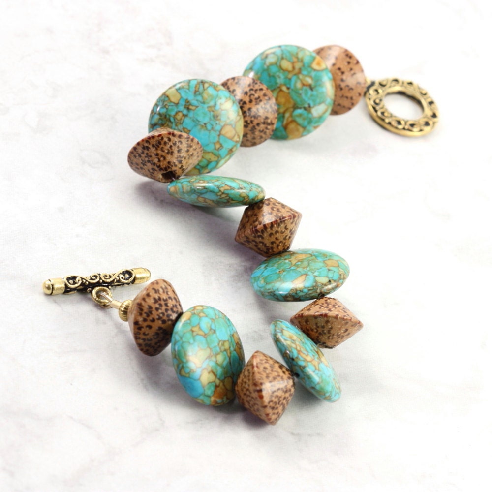 Turquoise Bracelet Palm Wood Tribal Mint Green Fall Fashion Jewelry Toggle Clasp