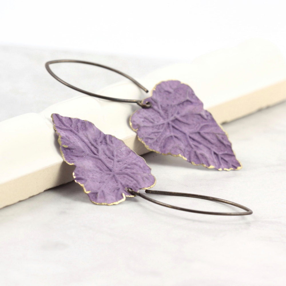 Leaf Earrings Lavender Brass Patina Handmade Ear Wires Woodland Jewelry