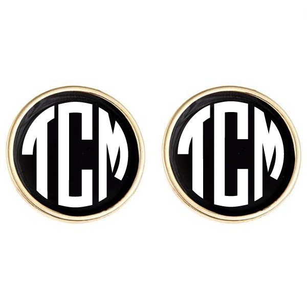 Monogrammed Earrings Black Enamel with Personalized