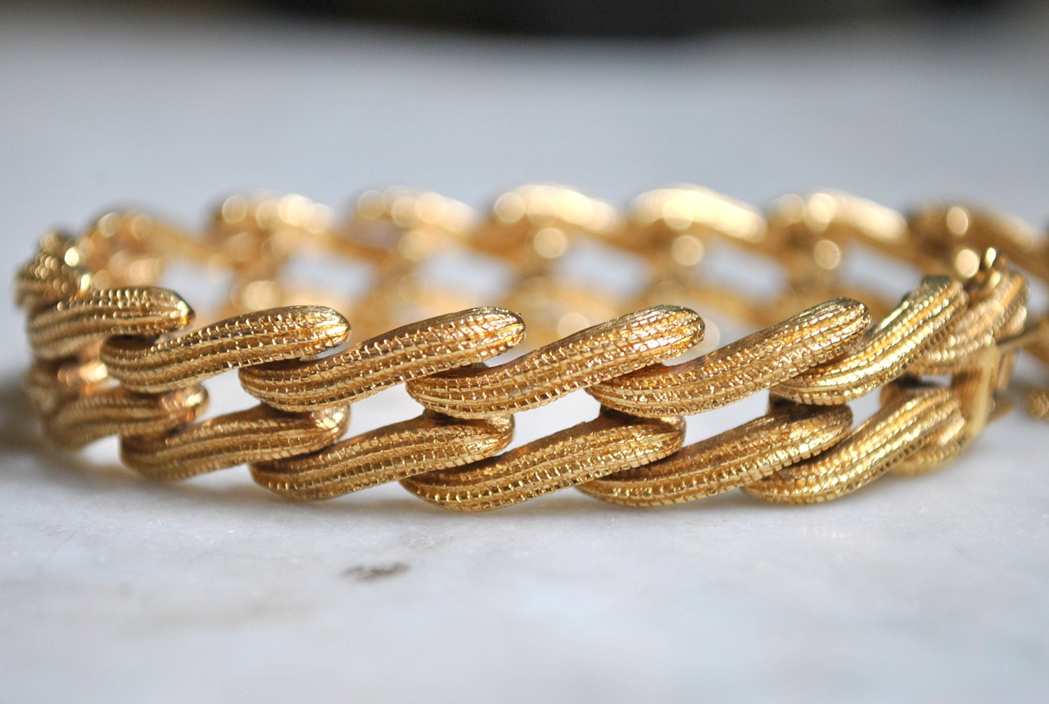 Monet Retro Textured Gold Link Bracelet with Safety Chain
