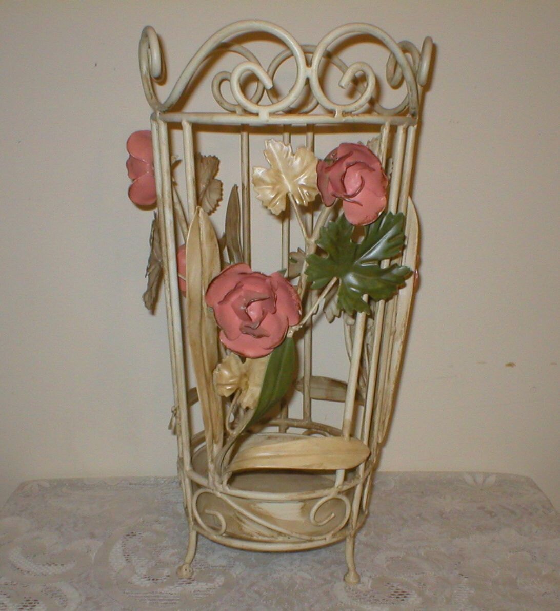 Vintage Tole Waste Basket Umbrella Plant Stand ToleWare Pink Roses Shabby Chic Awesome