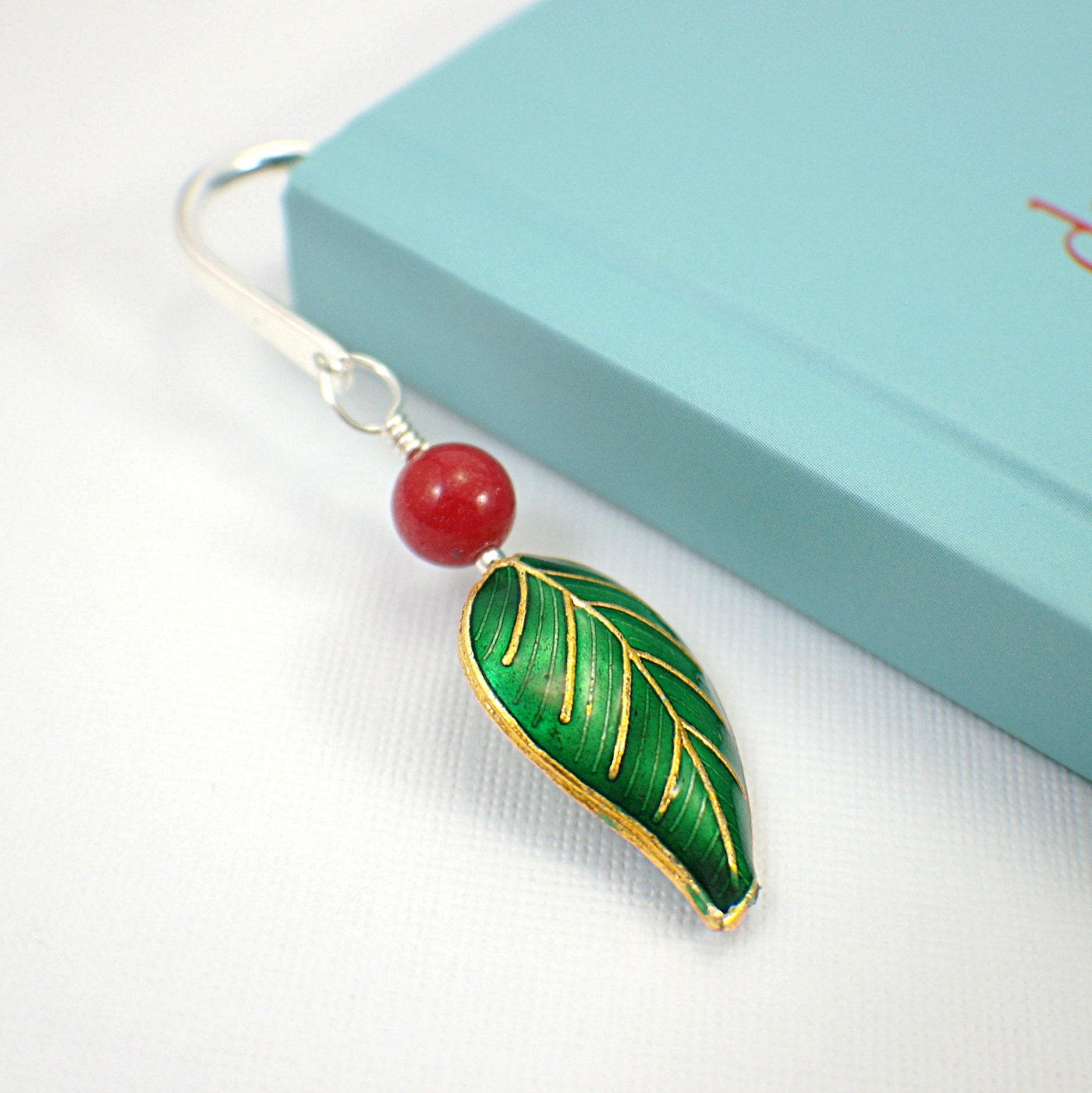 Bookmark green leaf and red berry silver plated hook style wire wrapped - SueRunyonDesigns