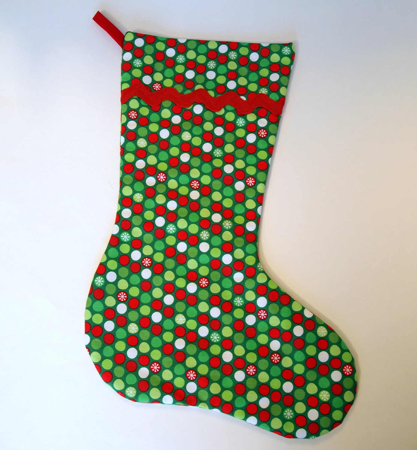 Red and Green Dot Modern Christmas Stocking with Red Lining