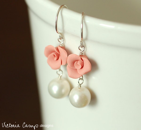 Pink Rose Earrings, White Pearl, Freshwater Pearls, Sterling Silver, Hand Formed Clay Roses, Drop, Dangle - Ready to Ship